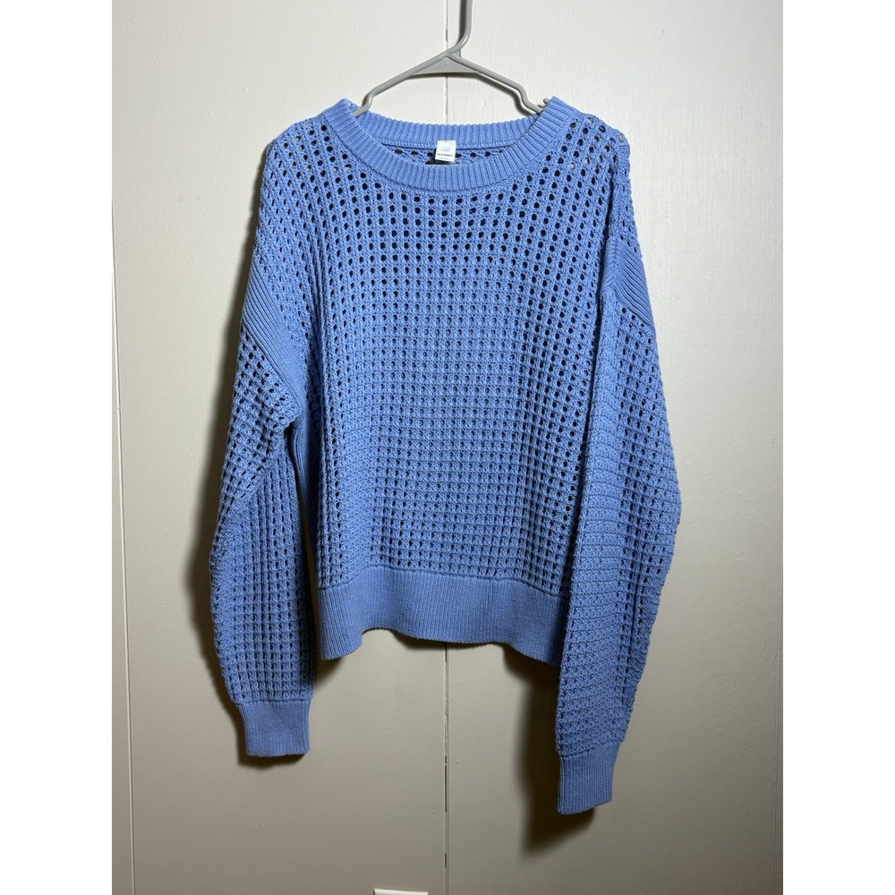 Old Navy Blue Open Knit Sweater M Tall Lightweight Crew Neck Coastal Boho Casual